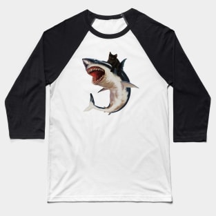 Funny Black Cat Riding a Shark, Cat Lover Baseball T-Shirt